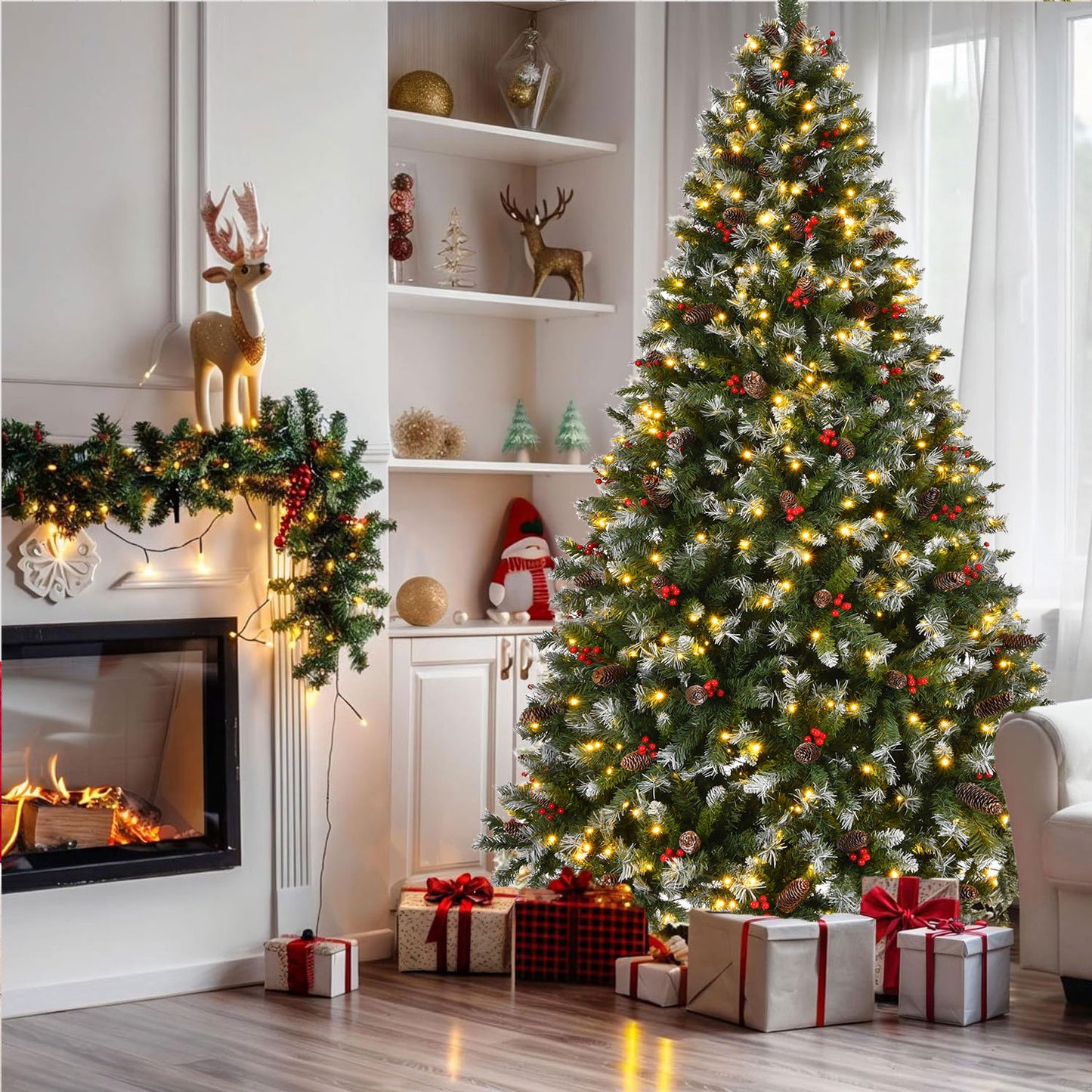 9ft Pre-Lit Pre-Decorated Pine Hinged Artificial Christmas Tree with 1740 Flocked Frosted Tips, 103 Pine Cones, 309 Red Berries, 600 Lights, Metal Base for Holiday Party Office Home