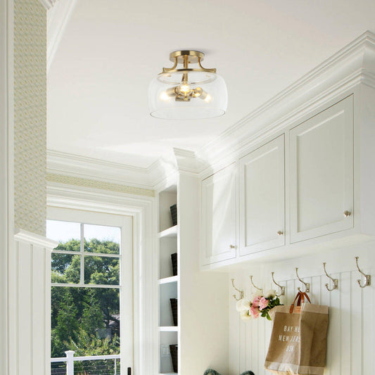 13 Inch 3-Light Brass Gold Semi-Flush Mount Ceiling Light Fixture with Clear Glass Shade