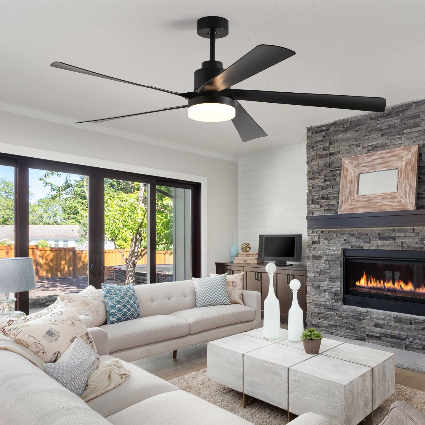 65 Inch Black Ceiling Fan with Light, 5-Blade Dimmable LED Ceiling Fan with Remote Control, Modern Quiet Design for Living Room and Bedroom (Silent/6-Speed/Reversible/DC Motor)