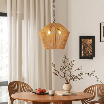 17' Boho Hemp Rope Pendant Light, Handcrafted Farmhouse Hanging Light Fixture for Kitchen Island, Dining Room, or Bedroom, Natural Finish, Adjustable Height (Bulb Not Included)