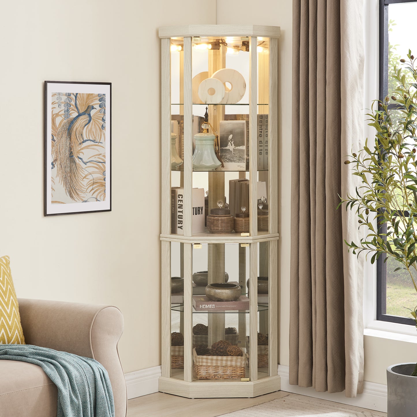 Lighted Corner Curio Cabinet - Elegant Glass Display Case for Living Room & Bar Storage - Perfect for Antique Collections & Wine - Includes Built-in Lighting - White