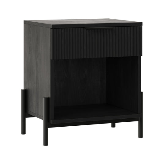Modern Fluted-Drawer Nightstand with Open Cubby – Black