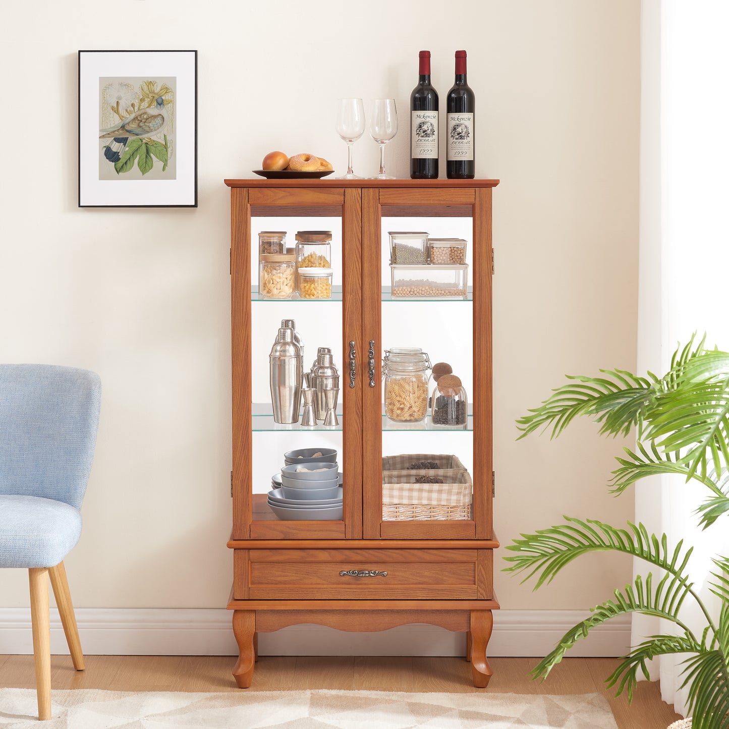 Lighted Glass Display Cabinet Glass Wine Cabinet Curio Display Cabinet with Adjustable Glass Shelves Two Doors and One Drawer Bulb Included for Home Decor and Storage-Oak