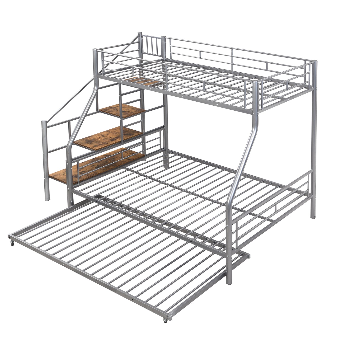 Modern Twin over Full Size Metal Bunk Bed with Trundle and Storage Staircase, Silver