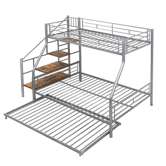 Modern Twin over Full Size Metal Bunk Bed with Trundle and Storage Staircase, Silver