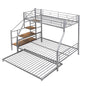 Modern Twin over Full Size Metal Bunk Bed with Trundle and Storage Staircase, Silver
