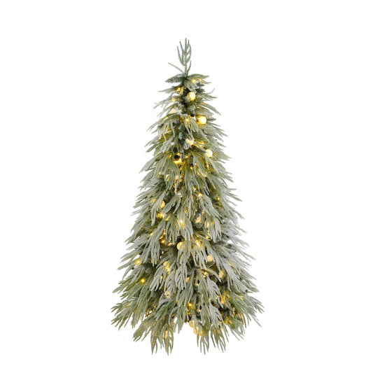 6FT Pre-Lit Spruce Snow Flocked Christmas Tree with LED Lights, White and Green Artificial Hinged Xmas Tree, PE and PVC Material, 70.9 Inches Tall