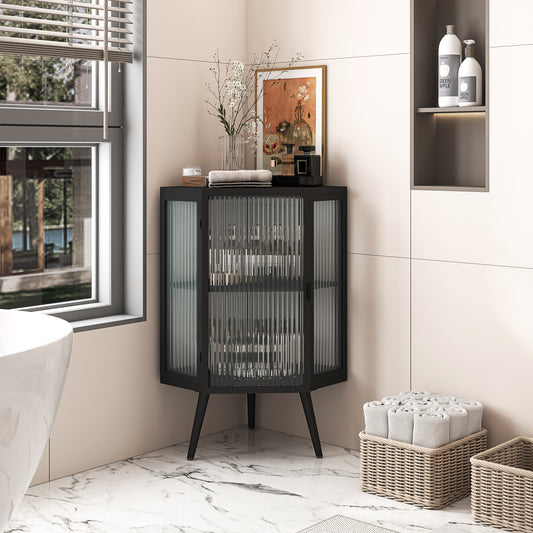 22.25' Floor Coner Cabinet with Tempered Glass Door & Storage Shelves for Bathroom, Living Room, Bedroom (Black)