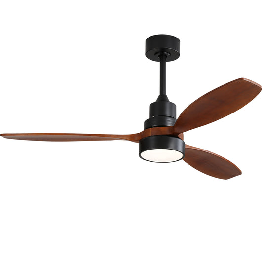 Modern 52 Inch Wooden Ceiling Fan with Remote Control, Reversible DC Motor, LED Light, Black/Walnut