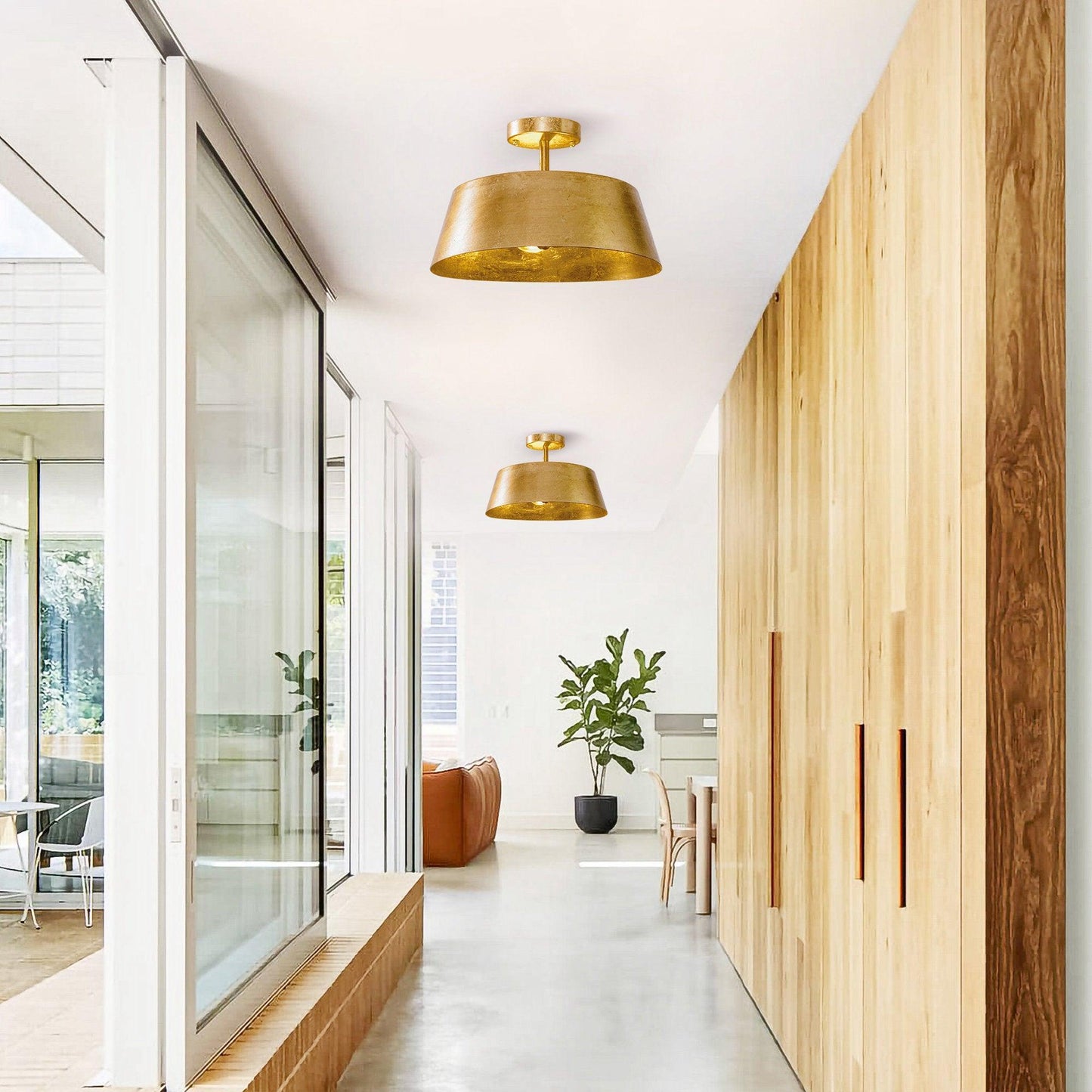 3-Light Golden Semi Flush Mount Lighting
