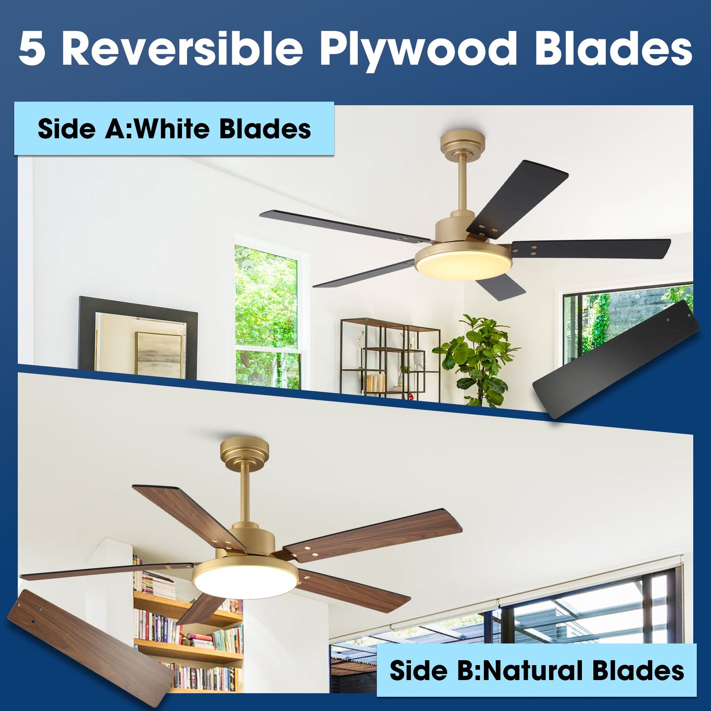 Vaczon 52 Inch Double-sided Blades Modern Ceiling Fan with Remote Control and LED Light