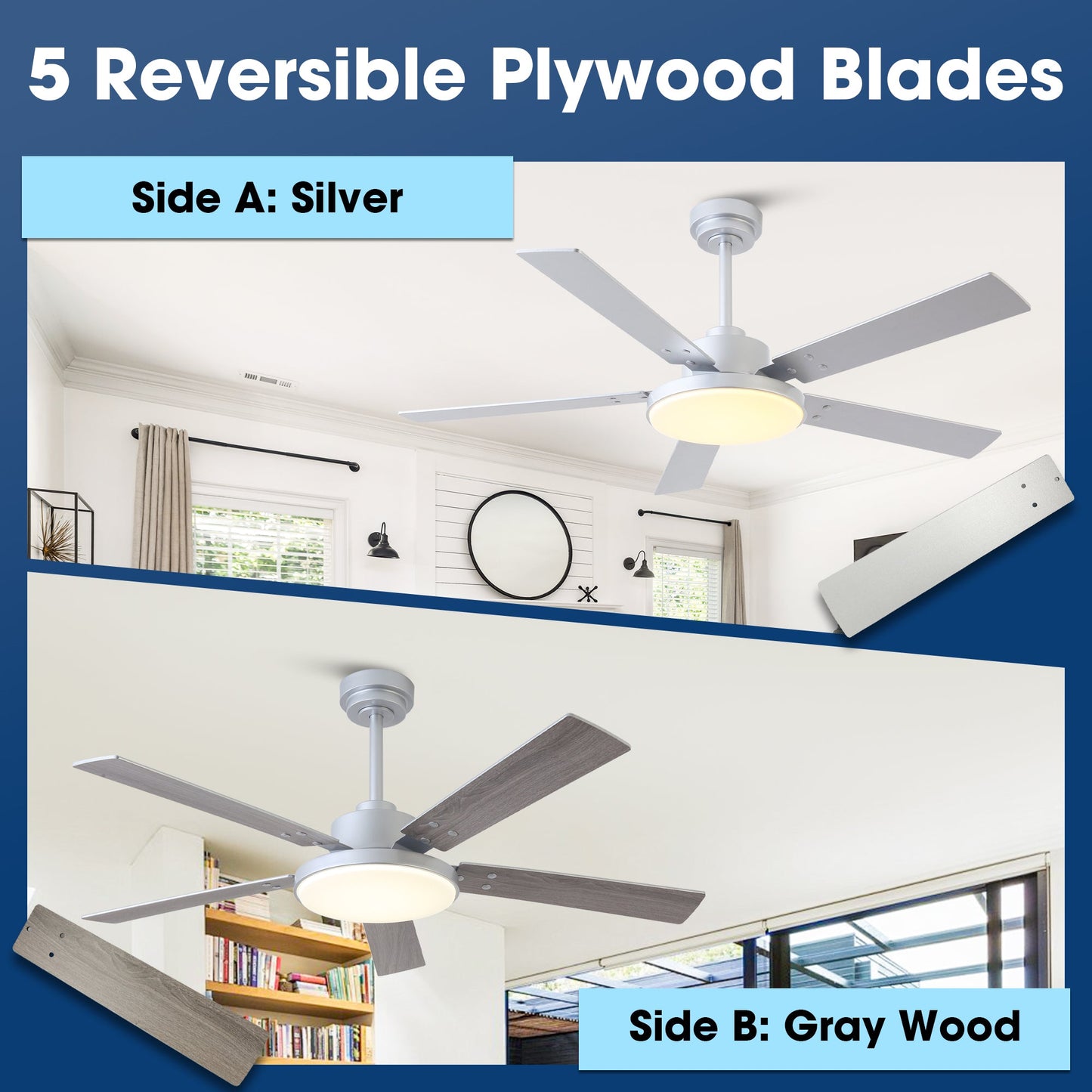 Vaczon 52 Inch Double-sided Blades Modern Ceiling Fan with Remote Control and LED Light
