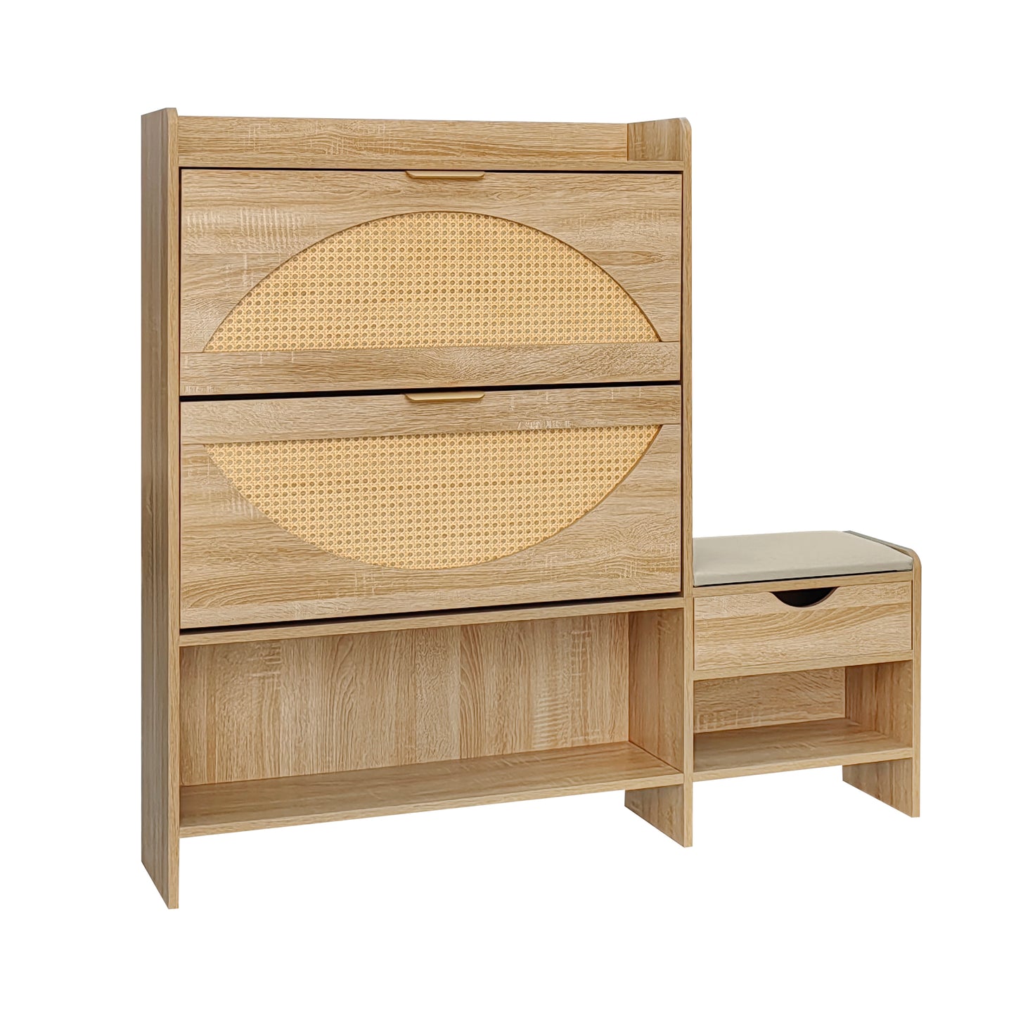 Stylish Rattan Shoe Storage Cabinet with Flip Drawers and Bench, Light Brown, MDF, 47.2 Inches