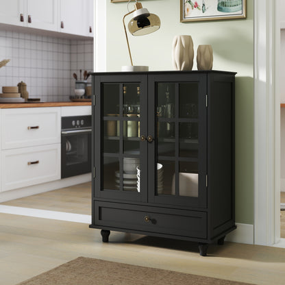 Minimalist Black Buffet Cabinet with Double Glass Doors and Drawer, Modern Wooden Storage Sideboard Cupboard for Living room, Dining Room Hallway Entryway(Black)