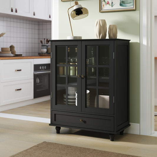 Minimalist Black Buffet Cabinet with Double Glass Doors and Drawer, Modern Wooden Storage Sideboard Cupboard for Living room, Dining Room Hallway Entryway(Black)