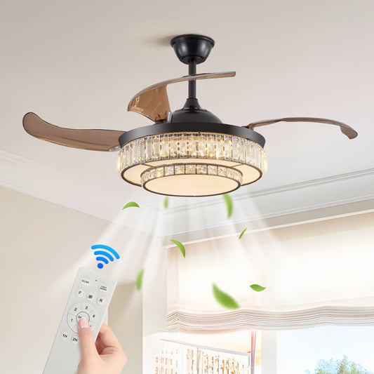 48' Contemporary Crystal LED Retractable Ceiling Fan with Light and Remote Control, 6-Speed Quiet Reversible DC Motor,4 Blades Modern Ceiling Fans for Kitchen Bedroom Dining Room Patio