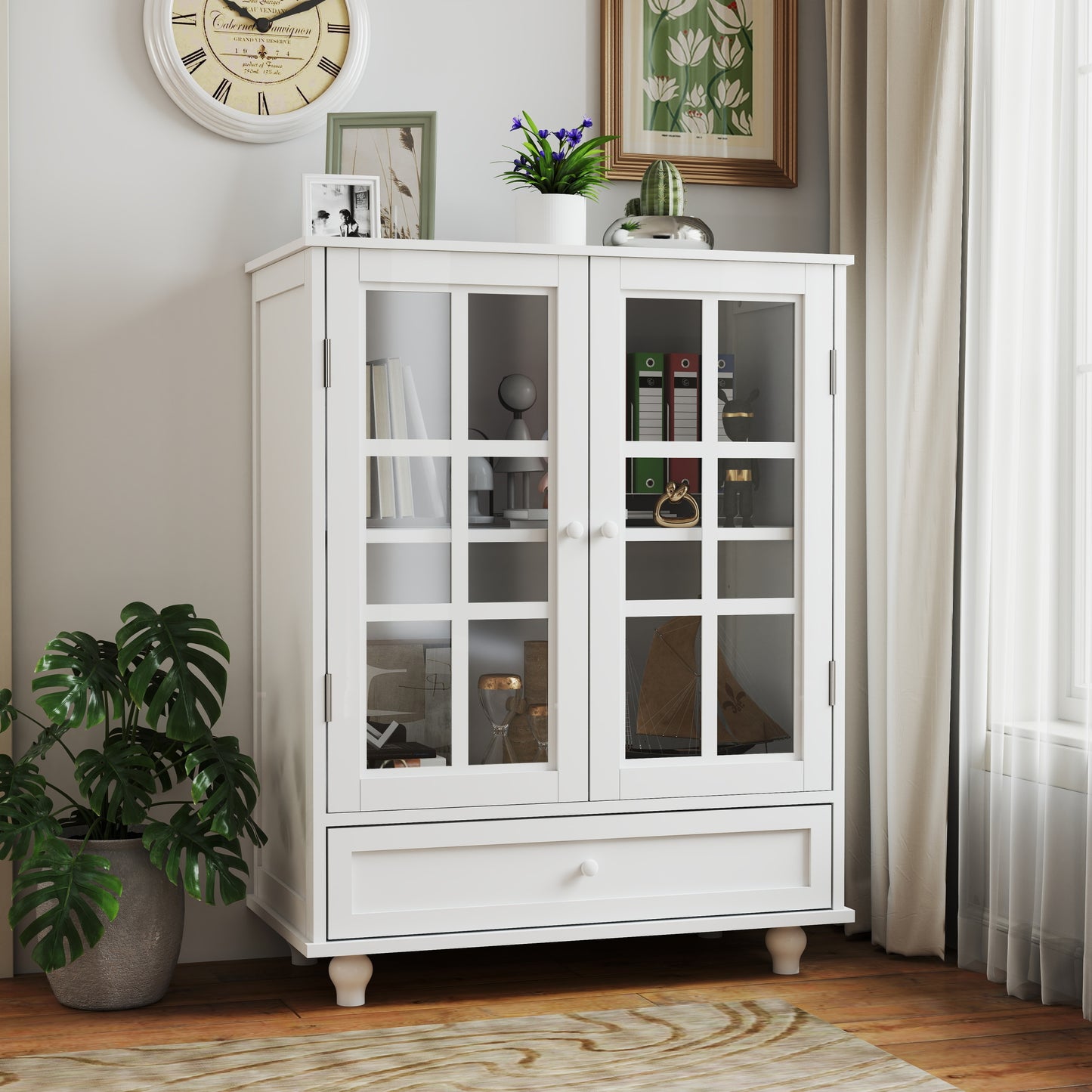 Minimalist White Buffet Cabinet with Double Glass Doors and Drawer, Modern Wooden Storage Sideboard Cupboard for Living room, Dining Room Hallway Entryway