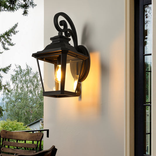 21'(H) 1-Pack Outdoor Wall Lantern Light – Vintage Black Metal & Clear Glass Sconce with Decorative Scroll Design for Porch, Patio, and Garden Lighting (Bulb Not Included)