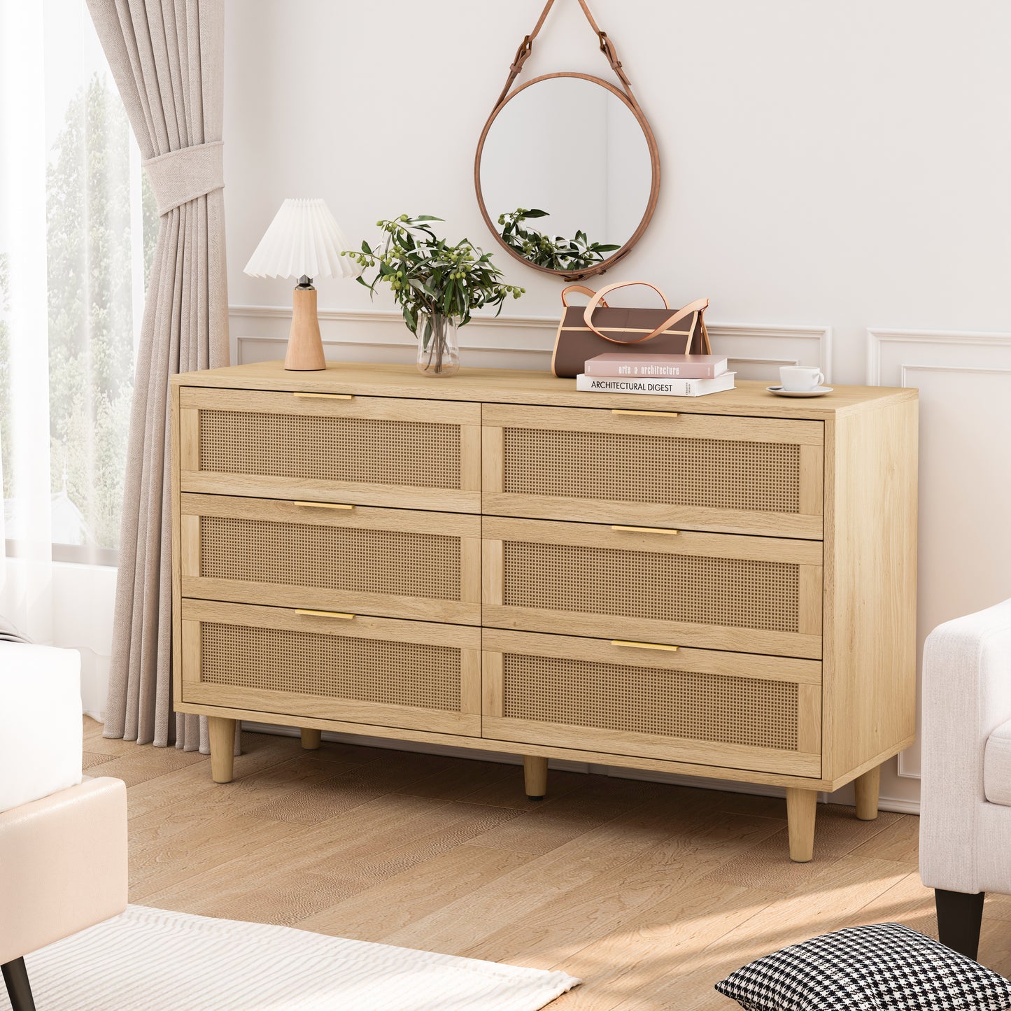 51.18'6-Drawers Rattan Storage Cabinet Rattan Drawer with White Drawer Slides,for Bedroom,Living Room,Natural